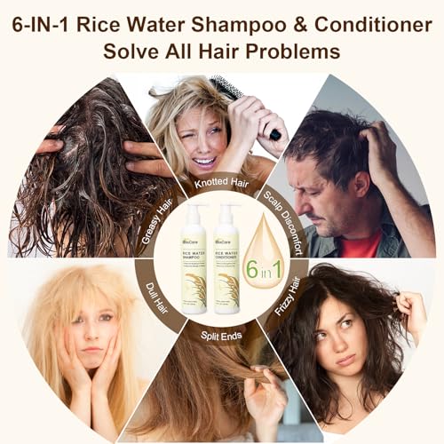 Rice Water Shampoo and Conditioner Set, Strengthen and Revitalize Hair, Nourish Damaged Hair for Women and Men, Hair Care, Restore Shine, Infused with Biotin, Citrus Peel, Rosemary