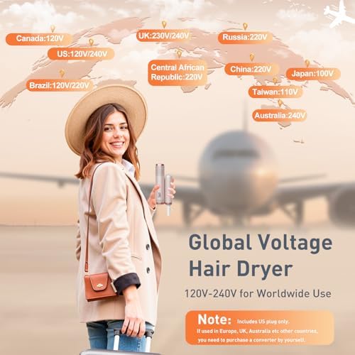 Quico Travel Hair Dryer with Dual Voltage, 120000 RPM Fast Drying Hair Dryers for Women with 500 Million Negative Ions, Thermo-Control Compact Hair Blow Dryer with Cold, 3 Heat & 3 Speed Settings