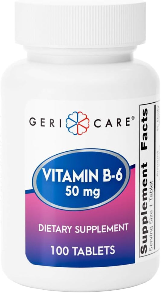 GeriCare Vitamin B-6 50mg Daily Nutritional Support for Healthy Brain Function, Helps Metabolism, Energy and Nervous System Health, 100 Count (Pack of 1)