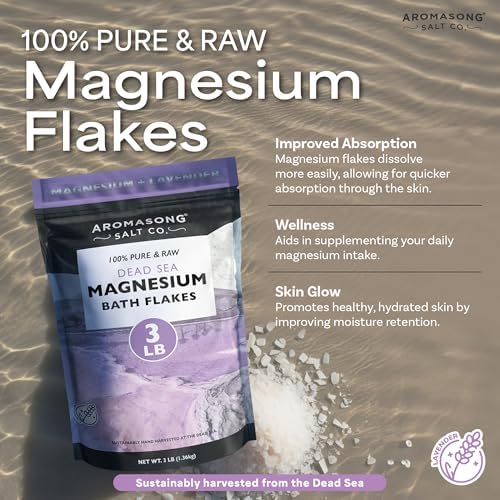 Aromasong RAW Magnesium Bath Flakes with 100% Natural Lavender, 3 LB Muscle Relaxing Organic Salts Mg Chloride, Mineral Soak. (Packaging May Vary)