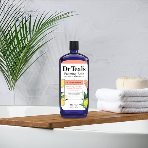 Dr Teal's Foaming Bath with Pure Epsom Salt, Stress Relief with Ginseng & Ginger, 34 fl oz (Pack of 4)