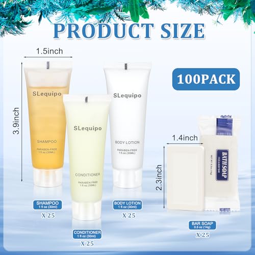 4-IN-1 Hotel Toiletries Bulk Set (100PCS) 4-Piece Set: 25 Hotel Bar Soap 0.5oz, 25 Hotel Shampoo, 25 Conditioner Travel Size, 25 Hotel Body Lotion - Bulk Mini Guest Amenities