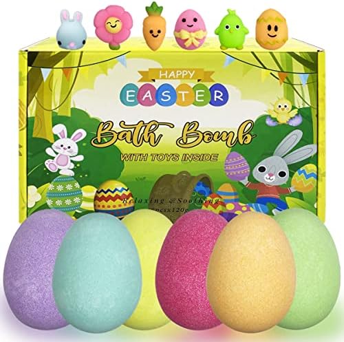 6 Pack Easter Bubble Bath Bombs with Easter Squishy Toys Inside for Kids Girls Boys Easter Basket Stuffers Gifts