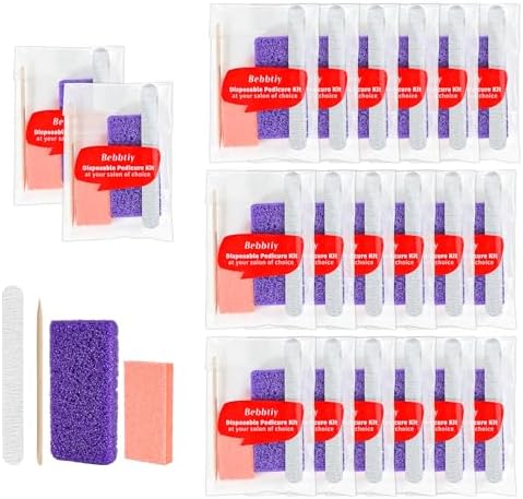 Disposable Pedicure Kit Sets, 4 in 1 Nail Salon Manicure Pedicure Kit Professional, Nail File, Pumice Pad, Mini Buffer, Wood Stick (Pack of 20, Count, 20.0)