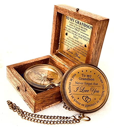 Gift for Grandson Brass Compass Engraved Quote | Memory Present to My Grandson Birthday, Baptism, Graduation, Confirmation, Love, Gift idea by Grandpa Grandma (#1 Grandson's Gift)