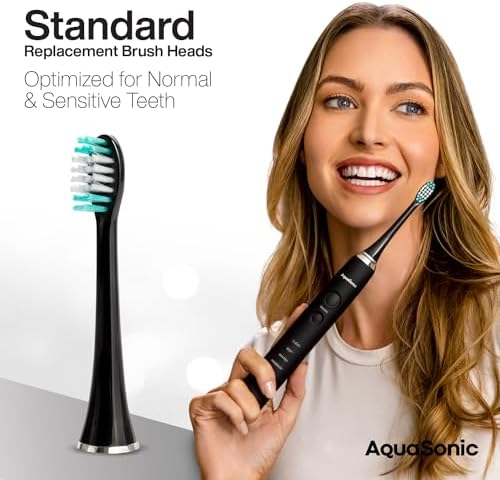 AquaSonic Standard Replacement Brush Heads | ADA Accepted | for Normal & Sensitive Teeth | Compatible with Many AquaSonic Toothbrush Handles (8 Pack Black)