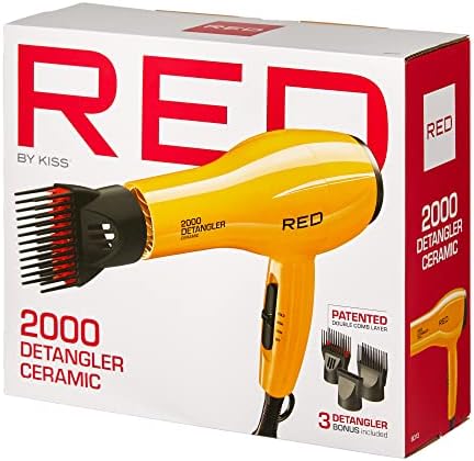 RED by KISS 2000 Ceramic Hair Dryer, Professional Salon Blow Dryer 3 Attachments Included, 2 Detangler Piks, 1 Air Concentrator (Yellow)