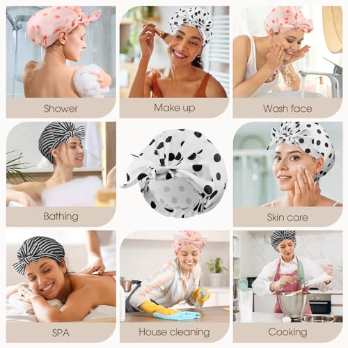 Shower Cap, Flexible Adjustment Shower Caps for Women Reusable Waterproof Cute ShowerCap with Bow Non-Slip Large Hair Cap for Shower