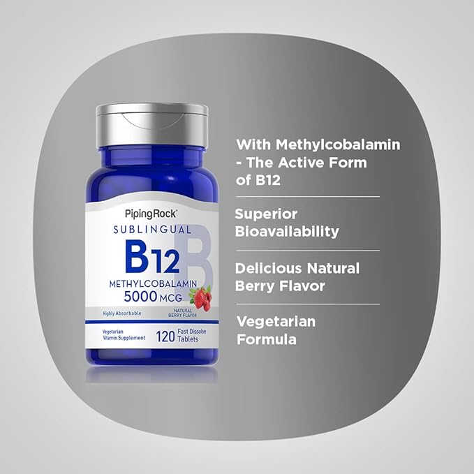 Piping Rock B12 Vitamin 5000 mcg | 120 Tablets | Sublingual Methylcobalamin Supplement | Berry Flavor, Vegetarian, Non-GMO, Gluten Free