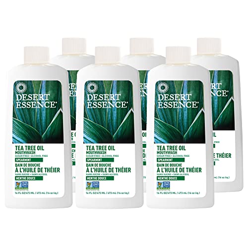 Desert Essence Tea Tree Oil Mouthwash - 16 Fl Ounce - Pack of 6 - Natural Refreshing - Spearmint Flavor - Helps Reduce Plaque Buildup - Refreshes Mouth & Gums - Vitamin C - Oral Care - No Parabens