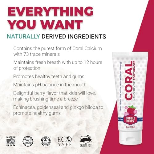 Coral Nano Silver Bubble Berry Kids Toothpaste, Natural Fluoride Free Teeth Whitening Toothpaste, Coral Calcium Nano Silver Infused SLS Free - 4 Ounces