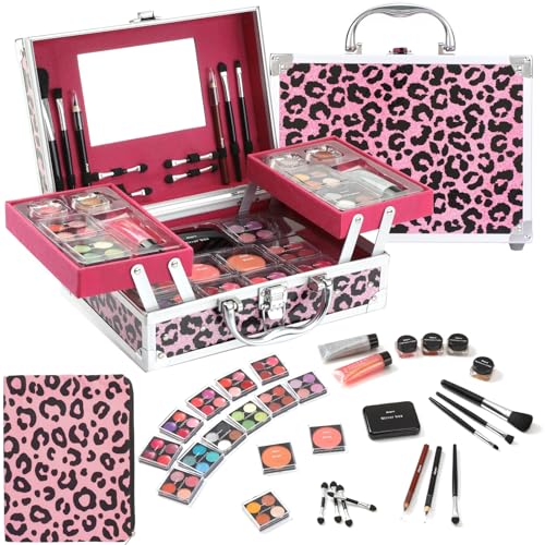 Anpro All-In-One Leopord Double Folding Makeup Carry Case with Pro Teen Makeup Set, Full Starter Kit with Makeup Brushes, Lipsticks, Eyeshadow Palette, Blushes, Glitter Gel, Ideal Present for Girls