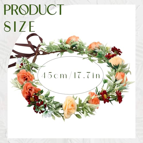 Floral Crown Women Girls - Orange Boho Floral Headpiece with White Green Leaves Charming Fairy Flower Headband for Wedding Photo Shoot Festivals