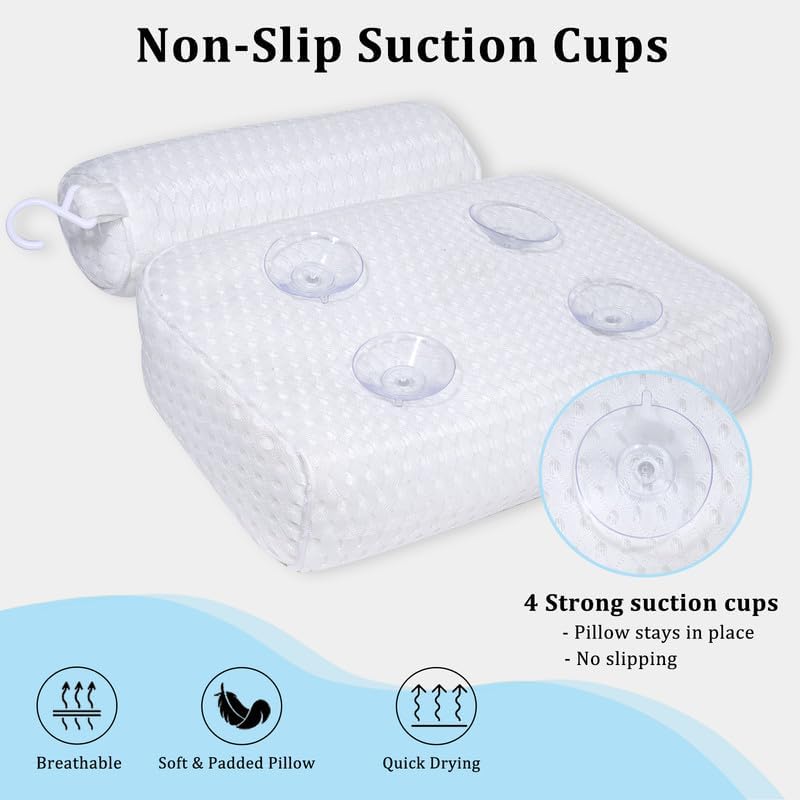 Bath Pillow for Bathtub Support Neck,Head and Back with Non-Slip Suction Cups and Comfortabl 4D AirenMesh Bathtub Pillow for Women & Men