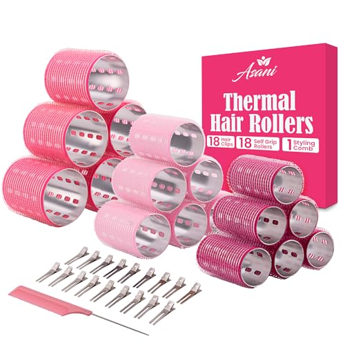Thermal Rollers for Hair - 37pc Set - 18 Self-Grip Hair Rollers with 18 Clips and Styling Comb - Aluminum Thermal Hair Rollers for Volume and All-Day Curls - For Short, Medium, and Long Hair (Large)
