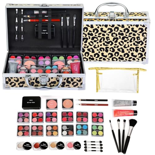 Anpro All-In-One Makeup Carry Case with Pro Teen Makeup Set, Full Starter Cosmetics Kit with Makeup Brushes, Lipsticks, Eye Shadows Palette, Blushes, Glitter Gel-Yellow Leopard
