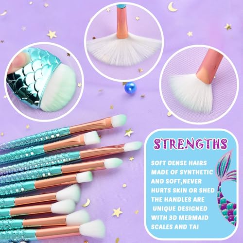 Mermaid Makeup Brush Sets with Cosmtic Bag - 13 PCS Beauty Makeup Tools Eye Shadow Eyeliner Concealer Foundation Blending Blush Brushes Compact Pocket Mirror Sequins Cosmetic Case Bag