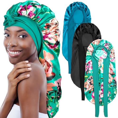 3Pcs Bonnets for Black Women Braid Bonnet, Large Long Satin Bonnet for Braids Sleeping, Black Women Satin Silk Bonnet (3Pcs-Black&Blue&Flower)