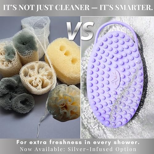 Avilana Silicone Body Scrubber – Silver-Infused Gentle Shower Brush & Loofah Alternative – Fast-Drying, BPA-Free Silicone Body Exfoliator for Sensitive Skin – for Men & Women (Blue, Massage)