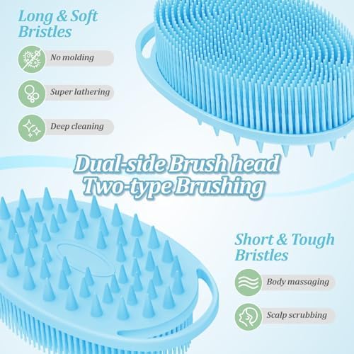 Soft Silicone Body Scrubber 4PCS, 2-in-1 Bath & Shampoo Brush with Dual-Side Usage, Hygienic Silicone Loofah Shower Scrubber for Gentle Exfoliating & Good Lathering(Black/Pink/Blue*2)