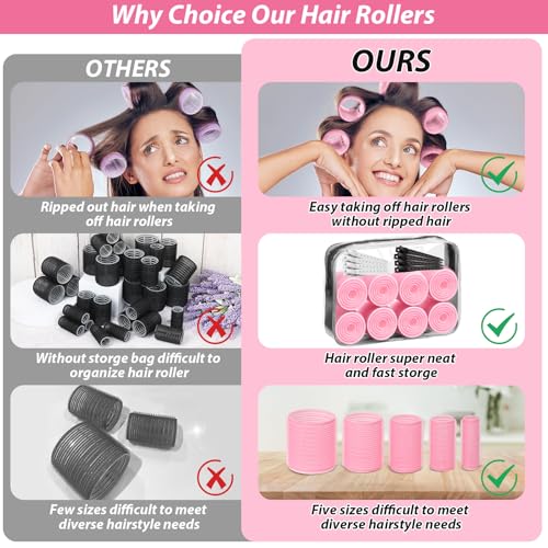 65 PCS Hair Curler Rollers with 5 Sizes Self Grip Roller for Women Roller for Long Medium Short Thick Fine Thin Hair Bangs Volume, Jumbo Curlers Rollers with Storage Bag Teasing Brush