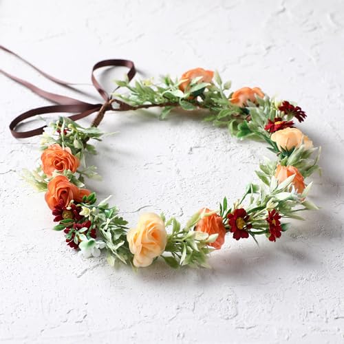 Floral Crown Women Girls - Orange Boho Floral Headpiece with White Green Leaves Charming Fairy Flower Headband for Wedding Photo Shoot Festivals