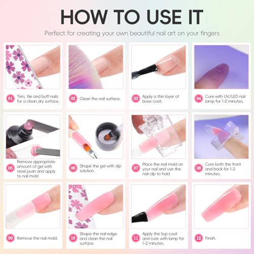 PEACECOLOR 45Pcs Poly Nail Gel Kit with U V Light, 25 Colors Glitter Pink Nude Blue Green Nail Extension Gel Starter Kit with Slip Solution Glossy Matte Top Coat DIY Home Salon