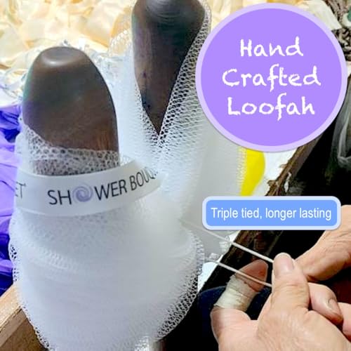 Loofah-Bath-Sponge Lace-Mesh-Set // 2-Scrubs-in-1 by Shower Bouquet/Large Full 60g Pouf (4 Pack Spa Colors) Body Luffa Loofa Loufa Puff - Exfoliate, Cleanse Skin with Luxurious Bathing Accessories