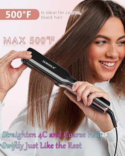 DORISILK 500 Degree High Temp Professional Hair Straightenr ， Ceramic Wide Flat Iron ，2 in 1 Hair Straightener and Curler，Plasma Flat Iron Get Frizz-Free and Shiny 500FW1
