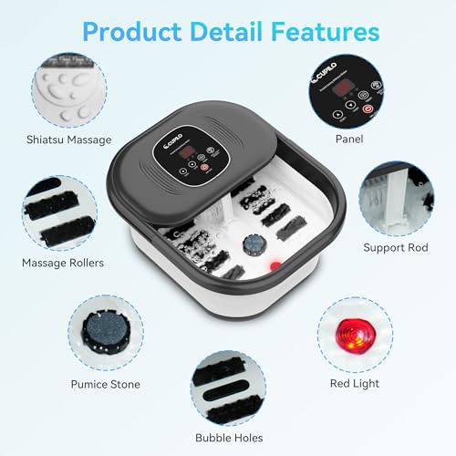 Foot Spa Bath Massager with Heat, Collapsible Foot Massager Spa Soaking Tub with Bubbles, Red Light, Pumice Stone, and Shiatsu Massage Rollers, Pedicure Foot Spa for Relaxation, Gifts