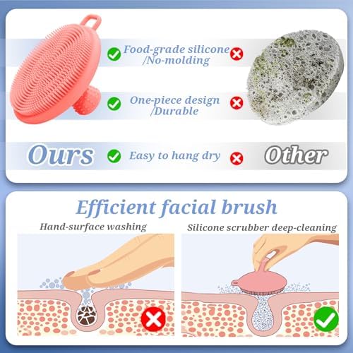 Silicone Face/Body/Back Scrubber Set, 15.35’’ Soft Back Scrubber for Shower with Dual-Side Brush Head, Silicone Body Scrubber Facial Scrubber with Dense Bristles and Non-Slip Handle(Pink-3PCS)