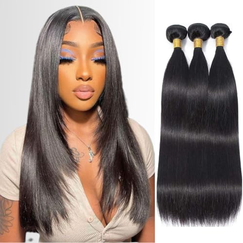 Straight Human Hair Bundles 14 14 14 Inch Trippy Hair Bundles 100% Brazilian Unprocessed Raw Hair Weave Bundles Human Hair Extensions For Black Women Natural Color