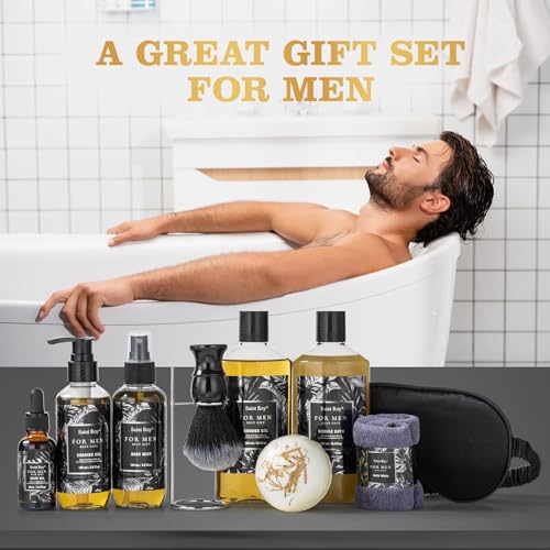 Fathers Day Gift Baskets, Birthday Gifts for Men Basket, Spa Gift Set for Him Beard Shaving Kit Men's Beard Kit Brush Men Face Care Perfume Spa Kit for Man with Beard Brush Rack,Gifts for Dad son