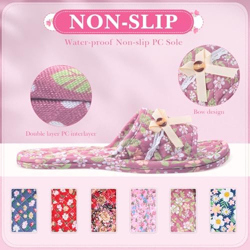 6 Pairs Floral Cotton House Slippers for Women Soft Open Toe Indoor Washable Portable Foldable Comfortable Hotel Travel Airplane Spa Guest Slippers