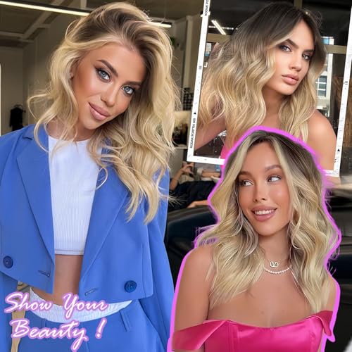 AISI HAIR 14 Inch Ombre Blonde Wigs for Women - Shoulder Length Wave Wig with Pre-Cut Lace Hairline, Middle Part Natural Wavy Bob Synthetic Heat Resistant Fiber for Daily and Party
