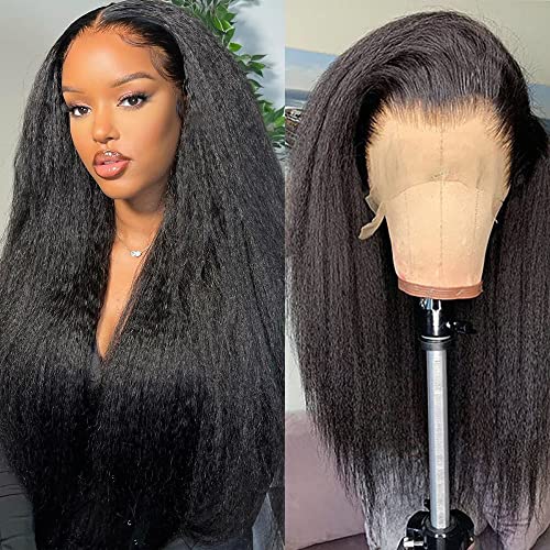 GOLFMAX Kinky Straight Lace Front Wigs Human Hair Pre Plucked With Baby Hair 180% Density Yaki Straight 13x4 Transparent HD Glueless Lace Wig Human Hair Wigs For Black Women 24 Inch