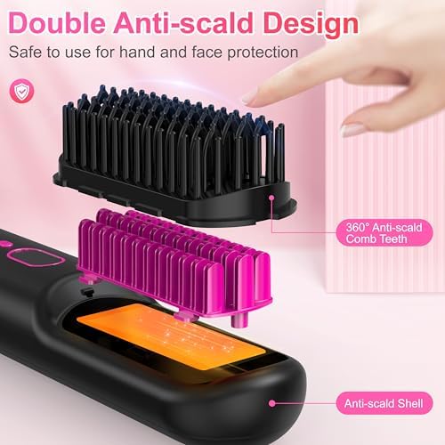 Cordless Hair Straightener Brush - [200M Negative Ions] Portable Straightening Brush for Women, USB Rechargeable, Anti-Scald, Fast Heating Mini Straightener Comb for Travel Car Outdoor, Black