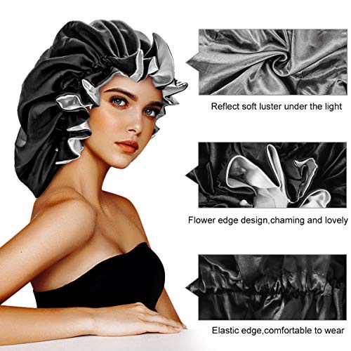 Silk Bonnets for Women,Double Layer Extra Large Satin Sleeping Cap with Elastic,Satin Bonnet for Curly Hair,Satin Cap for Natural Hair, Women Girl(Black)