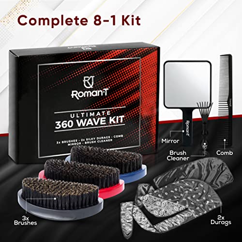 8-in-1 360 Wave Kit for Men - Grooming Kit for 360 Waves - 3 Wave Brushes, Soft, Medium & Hard - 2 Satin Durag, Hand Mirror, Comb, Hair Brush Cleaner - Gift Set, Black