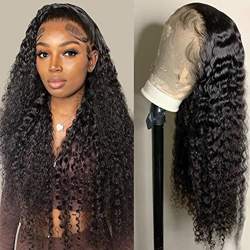 Deep Wave Lace Front Wigs Human Hair 13x4 HD Transparent Lace Frontal Curly Wigs for Women 180% Density Glueless Wigs Human Hair Pre Plucked with Baby Hair Natural Color (26 Inch)