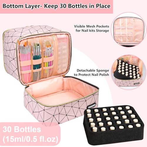 Nail Polish Organizer Bag Holds 30 Bottles (15ml/0.5 fl.oz)& Nail Lamp, Portable Travel Nail Kit Storage Carrying Case, Double Layer Nail Supplies Holder Bag PU Leather Women (Baby Pink)