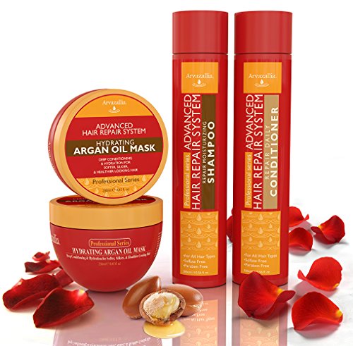 Advanced Hair Repair Shampoo, Conditioner and Deep Conditioner Mask System Set for Dry or Damaged Hair with Argan and Macadamia Oil by Arvazallia - Sulfate Free