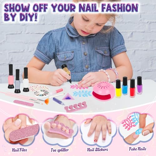 Kids Nail Polish Set for Girls, 27PCS Nail Art Kit with Nail Dryer, Non Toxic Nail Polish kit and Fake Nails for Kids, Girl Toys Age 6-8, Halloween Christmas Birthday Gifts for Girls 8-12