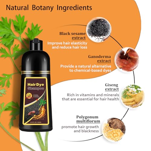 Hair Dye Shampoo 3 in 1, Long-Lasting Gray Coverage, Natural Black Hair Dye Hair Color Shampoo with Herbal Ingredients, Easy Application Shampoo Para Canas for Women Men 16.9 Fl Oz