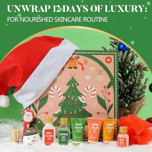 Advent Calendar 2024 12 Days of Christmas Advent Calendar for Women, BODY & EARTH Holiday Gift Baskets with Snowman Bath Bomb, Hand Cream, Body Lotion, New Year Bath Set for Women
