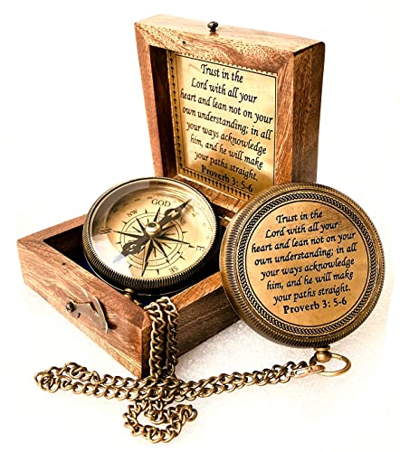 ALADEAN Trust in The Lord with All Your Heart -Proverbs 3: 5-6 Quote Engraved Compass with Wood Box, Inspirational Gift, Baptism 2024 Graduation Day, (1 Trust in The Lord Compass)