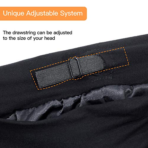 Silk Satin Lined Bonnet Sleep Cap - Adjustable Stay on All Night Hair Wrap Cover Slouchy Beanie for Curly Hair Protection for Women and Men - Black & Dark Grey