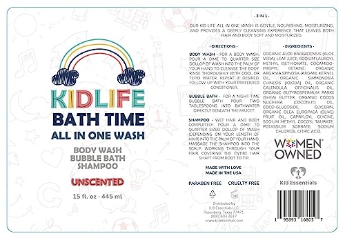 Kidlife Natural Bath Time 3 In 1 Shea & Organic Aloe Body Wash- No Phenoxyethanol Unscented 15 Oz. Kids Head to Toe All in one Bath and body Soap. Bubble Bath, Bodywash and Shampoo by KJ3 Essentials