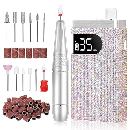 Rechargeable 35000RPM Nail Drill Sparkling Portable Professional Electric Nail File with 12 Drill Bit for Acrylic/Gel Nails Professional Nail Tools for Manicure Pedicure, Glitter