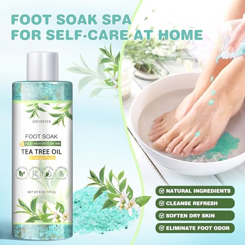 LUCOTIYA Tea Tree & Orange Flower Foot Soak Set - Salts, Foot File, Scrub & Urea Cream Pedicure Supplies for Dry, Cracked Feet - Foot Spa Pedicure Kit for Women Men